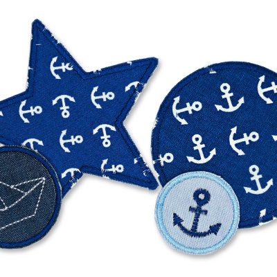 4er Set maritime Bügelflicken in Blau: kleiner Anker-Patch, Segelboot, großer Anker-Hosenflicken und Stern mit Ankern, verschiedene Größen, zum Aufbügeln auf Jeans, handmade Berlin