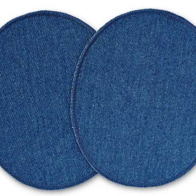 Zwei große ovale Knieflicken zum aufbügeln aus robustem mittelblauem Jeansstoff, in 2 Größen: 8 x 10 cm und 10 x 12 cm, Bügelflicken mittelblau, handmade in Berlin von Piratenbande