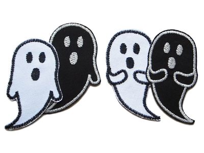 Set 4 Gespenster Bügelbilder 8 x 4,5 cm alle vier Motive in schwarz und weiß aus Baumwollstoff, Halloween-Aufnäher Sparset handmade Berlin