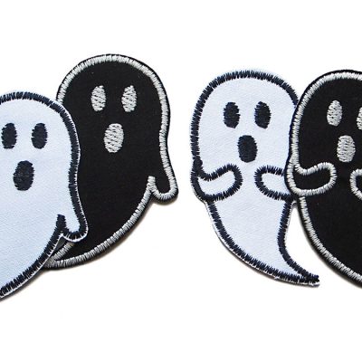 4er-Set Gespenster-Patches aus Baumwollstoff in Schwarz und Weiß, jeweils 8 x 4,5 cm, Geist-Aufnäher zum Aufbügeln auf Kleidung und Kostüme, handmade Berlin