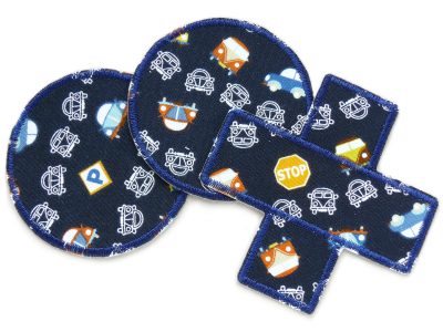 3er Set Bügelflicken Auto dunkelblau: zwei runde Hosenflicken ø 7 cm und ein Hosenpflaster 9 x 9 cm mit bunten Retro-Autos, zum Aufbügeln auf Kinderhosen, handmade Berlin