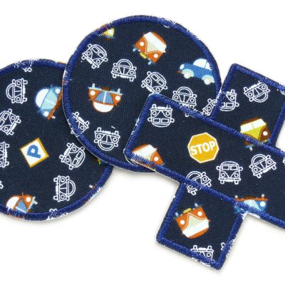 3er Set Bügelflicken Auto dunkelblau: zwei runde Hosenflicken ø 7 cm und ein Hosenpflaster 9 x 9 cm mit bunten Retro-Autos, zum Aufbügeln auf Kinderhosen, handmade Berlin