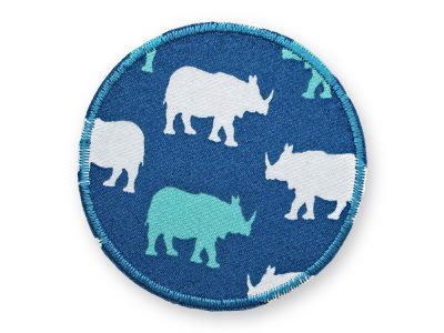 Nashorn Hosenflicken aus petrolgrünem Baumwollstoff mit Nashorn-Allover-Muster in Petrol Weiß Türkis, Ø 8 cm, runder Bügelflicken für Kinderhosen zum Aufbügeln handmade Berlin