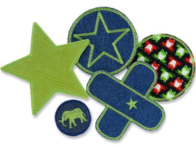 5er Set grüne Bügelflicken aus Jeans, Canvas und Cord: Mini-Elefant, Frosch, runder Stern, Jeans-Hosenpflaster und großer Cord-Stern, verschiedene Größen, handmade Berlin