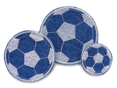Fußball Jeansflicken zum aufbügeln in 3 Größen – gestickter Fußball Bügelflicken blau/grau Ø 4 cm 6,5 cm 7,5 cm aus Jeansstoff, Kinderhosen reparieren handmade Berlin