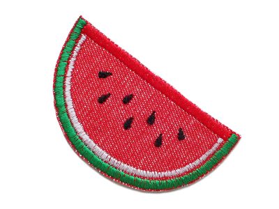 Melone Bügelbild, Wassermelone Patch zum aufbügeln aus Jeansstoff – Wassermelonen Bügelflicken 7,5 x 4 cm aus rotem Jeansstoff rot-weiß-grün-schwarz, Kinderhosen reparieren handmade Berlin