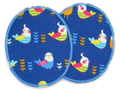 2 XL Knieflicken Wellensittiche und Nymphensittiche aus blauem Baumwollcanvas, jeweils 10 x 12 cm, ovale Vogel-Bügelflicken für Kinderhosen zum Aufbügeln handmade Berlin