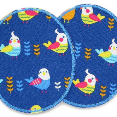2 XL Knieflicken Wellensittiche und Nymphensittiche aus blauem Baumwollcanvas, jeweils 10 x 12 cm, ovale Vogel-Bügelflicken für Kinderhosen zum Aufbügeln handmade Berlin