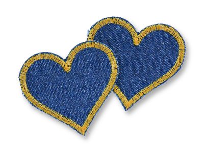 kleine Herz Jeansflicken zum aufbügeln dunkelblau-goldgelb – 2 herzförmige Bügelflicken 5,5 x 5 cm aus dunkelblauem Jeansstoff mit goldgelber Garnumrandung, handmade Berlin