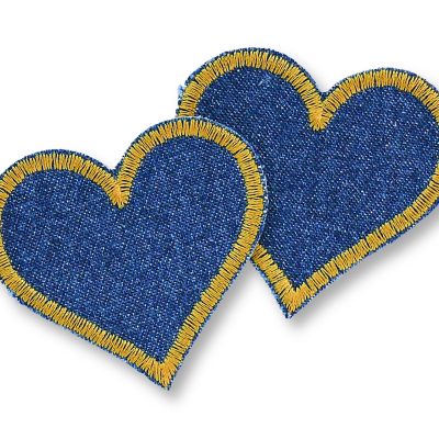 kleine Herz Jeansflicken zum aufbügeln dunkelblau-goldgelb