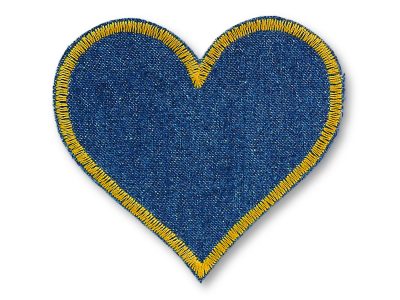 Herz Jeansflicken aufbügeln dunkelblau mit Rand in goldgelb – herzförmiger Bügelflicken 8,5 x 8 cm aus dunkelblauem Jeansstoff mit goldgelber Garnumrandung, handmade Berlin