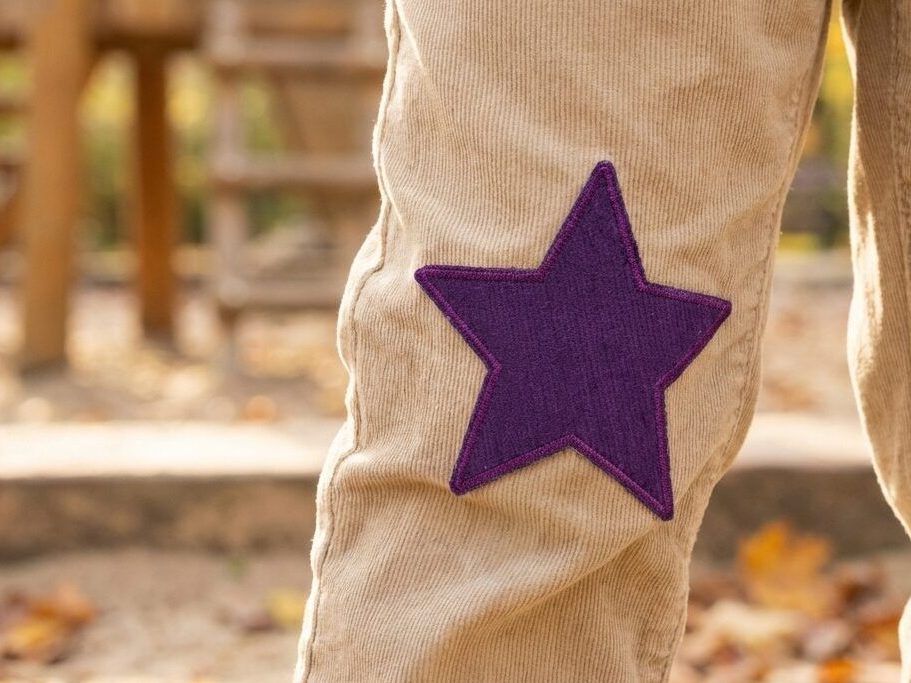 Großer lilafarbener Stern Cordflicken als Knieflicken auf einer Cordhose aufgebügelt – Baumwollcord 10 x 10 cm, Cord-Bügelflicken Hosenflicken Kinderhosen reparieren handmade Berlin Piratenbande