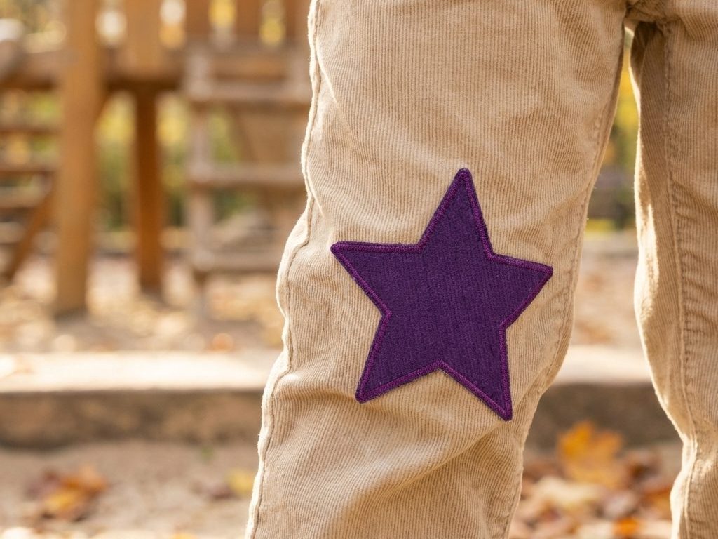 Großer lilafarbener Stern Cordflicken als Knieflicken auf einer Cordhose aufgebügelt – Baumwollcord 10 x 10 cm, Cord-Bügelflicken Hosenflicken Kinderhosen reparieren handmade Berlin Piratenbande