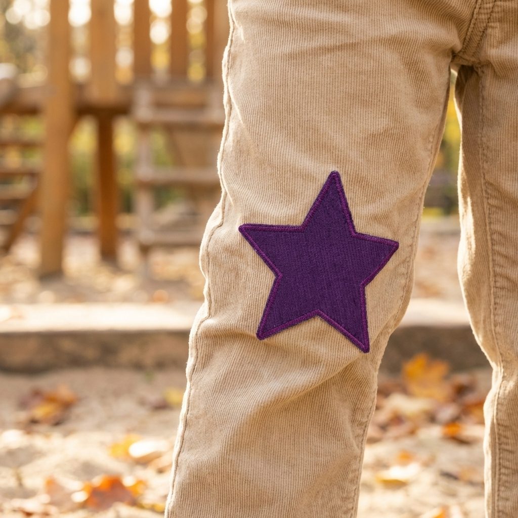 Großer lilafarbener Stern Cordflicken als Knieflicken auf einer Cordhose aufgebügelt – Baumwollcord 10 x 10 cm, Cord-Bügelflicken Hosenflicken Kinderhosen reparieren handmade Berlin Piratenbande