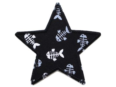 Stern Fischgräten Aufnäher schwarz aus Baumwollstoff, 10 x 10 cm, schwarzer Stern mit hellem Fischgräten-Allover in Schwarz-Weiß-Grau, Bügelflicken für Jeans und Kinderhosen handmade Berlin