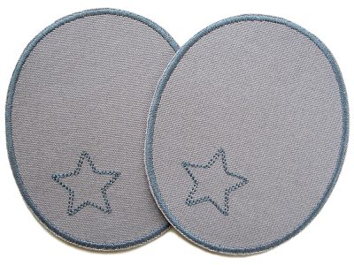 2 XL Knieflicken aus hellgrauem Baumwollcanvas mit gesticktem grauen Stern, jeweils 10 x 12 cm, ovale Bügelflicken für Kinderhosen handmade Berlin