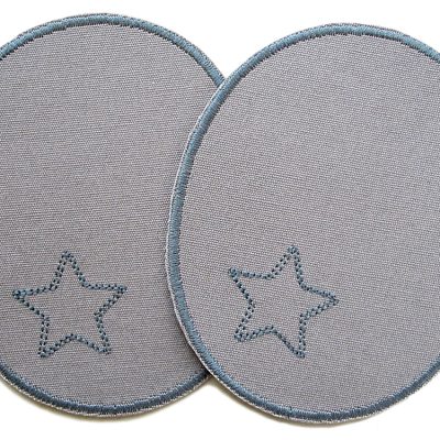 2 XL Knieflicken aus hellgrauem Baumwollcanvas mit gesticktem grauen Stern, jeweils 10 x 12 cm, ovale Bügelflicken für Kinderhosen handmade Berlin