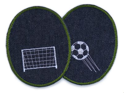 Knieflicken Fußball zum aufbügeln für Kinder, Bügelflicken für Jeanshosen, Fußball-Knieflicken aus dunkelblauem Jeansstoff mit aufgesticktem Fußball und Tor, jeweils 8 x 10 cm, Bügelflicken für Kinderhosen handmade Berlin