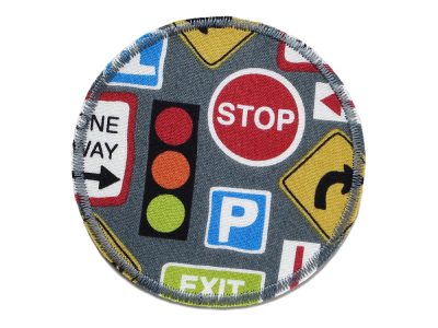 Hosenflicken Verkehrsschilder, runder Bügelflicken für Kinder mit Ampel, Schildern und Pfeilen – Verkehrsschilder Knieflicken Ø 8 cm grauer Baumwollstoff mit bunten Verkehrszeichen, handmade Berlin