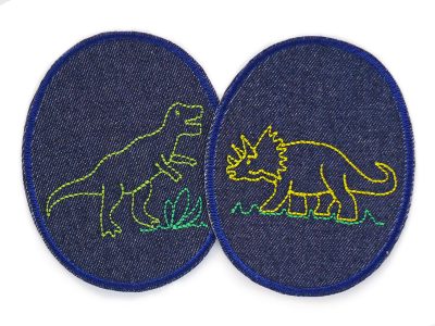2 Dino-Knieflicken aus dunkelblauem Jeansstoff mit gesticktem Tyrannosaurus rex und Triceratops, jeweils 8 x 10 cm, ovale Jeansflicken für Kinderhosen handmade Berlin