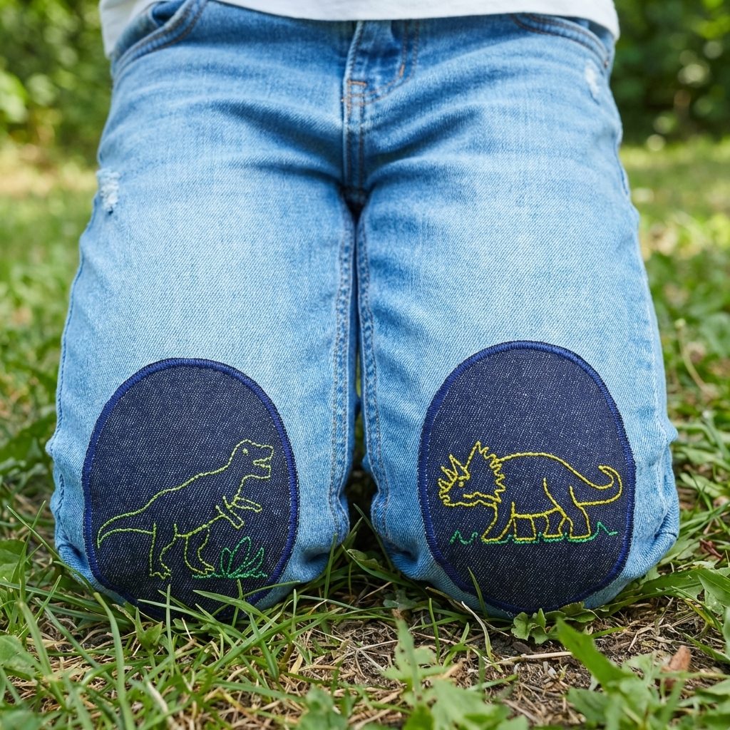 Robuste Hosenflicken und Bügelflicken für Kinder aus dunkelblauem Jeansstoff, T-Rex und Triceratops gestickt, 8 x 10 cm, handmade in Berlin
