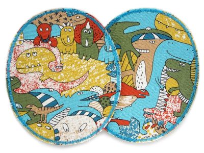 2 XL Dinosaurier-Knieflicken aus hellem Baumwollcanvas mit buntem Dino-Allover-Muster, jeweils 10 x 12 cm, ovale Bügelflicken für Kinderhosen handmade Berlin
