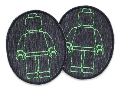 Knieflicken aus schwarzem Jeansstoff mit gestickten Bausteinmännchen in Neongrün, 8 x 10 cm, neongrüne Spielfiguren auf Schwarz, Bügelflicken für Kinderhosen Lego-Fans handmade Berlin