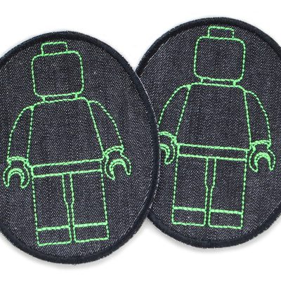Knieflicken aus schwarzem Jeansstoff mit gestickten Bausteinmännchen in Neongrün, 8 x 10 cm, neongrüne Spielfiguren auf Schwarz, Bügelflicken für Kinderhosen Lego-Fans handmade Berlin