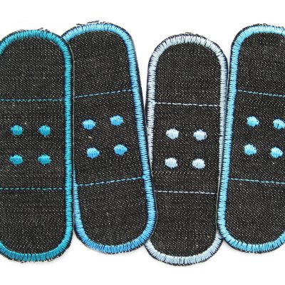 4 Trostpflaster Jeansflicken zum aufbügeln aus schwarzem Jeansstoff mit Umrandung in 4 verschiedenen Blautönen, bügelflicken für kleine Hosenlöcher in Kinderhosen, jeweils 8,5 x 3 cm, handmade in Berlin
