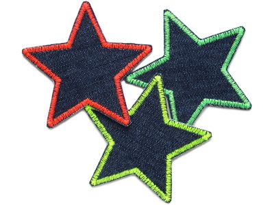 Stern-Jeansflicken 3er Set in Neon, 8 × 8 cm – Bügelflicken für Kinderhosen, Jeans & Jacken. Einfach aufbügeln, leuchtend cool. Handmade in Berlin.
