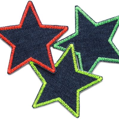 Stern-Jeansflicken 3er Set in Neon, 8 × 8 cm – Bügelflicken für Kinderhosen, Jeans & Jacken. Einfach aufbügeln, leuchtend cool. Handmade in Berlin.