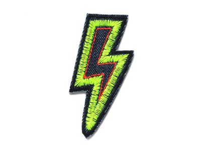 Neon Blitz Aufnäher aus schwarzem Jeansstoff mit gesticktem Blitz in Neongelb und Neonorange, 6,5 x 3 cm, Flash-Patch zum Aufbügeln handmade Berlin