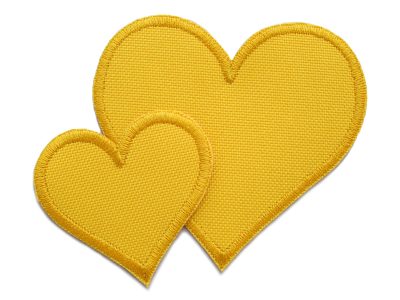 Regenhosen Flicken gelb, Herzform, 2 Größen – herzförmige Cordura-Flicken gelb 5,5 x 5 cm und 8,5 x 8 cm, Regenhosen-Aufnäher zum Aufnähen oder Aufkleben handmade Berlin