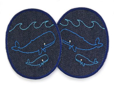 2 Pottwal-Knieflicken aus dunkelblauem Jeansstoff mit gesticktem Pottwal und Baby-Wal Duo, jeweils 8 x 10 cm, ovale Jeansflicken für Kinderhosen maritim handmade Berlin