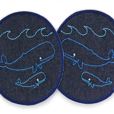 2 Pottwal-Knieflicken aus dunkelblauem Jeansstoff mit gesticktem Pottwal und Baby-Wal Duo, jeweils 8 x 10 cm, ovale Jeansflicken für Kinderhosen maritim handmade Berlin