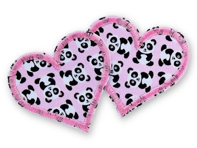 2 herzförmige Pandabär-Bügelflicken aus rosa Baumwollstoff mit schwarz-weißen Pandas, jeweils 5,5 x 5 cm, Panda-Herz-Aufnäher zum Aufbügeln handmade Berlin