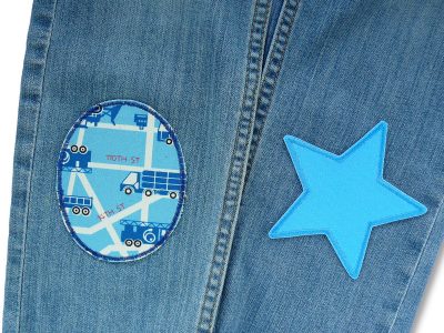 Set 4 Hosenflicken blau – Mini Stern Jeansflicken, Stern Canvas, Auto-Pflaster und Auto-Knieflicken in Blautönen, Bügelflicken handmade Berlin