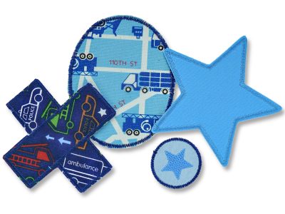 Set Hosenflicken für Kinder hellblau – Mini Stern Jeansflicken Ø 4 cm, Stern Canvas 10 x 10 cm, Auto-Pflaster 9 x 9 cm und Auto-Knieflicken 8 x 10 cm, Bügelflicken-Set handmade Berlin