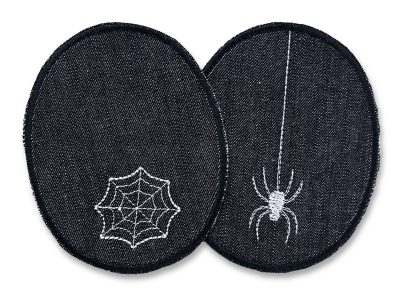 2 schwarze Spinnen-Knieflicken aus Jeansstoff mit gestickter Spinne und Spinnennetz in Hellgrau, jeweils 8 x 10 cm, Halloween-Bügelflicken handmade Berlin