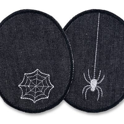 2 schwarze Spinnen-Knieflicken aus Jeansstoff mit gestickter Spinne und Spinnennetz in Hellgrau, jeweils 8 x 10 cm, Halloween-Bügelflicken handmade Berlin