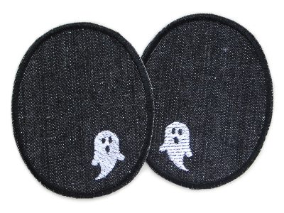 Gespenster-Knieflicken aus schwarzem Jeansstoff mit kleinen weißen Geistern, 8 x 10 cm, Bügelflicken für Kinderhosen Halloween handmade Berlin