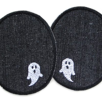 Gespenster-Knieflicken aus schwarzem Jeansstoff mit kleinen weißen Geistern, 8 x 10 cm, Bügelflicken für Kinderhosen Halloween handmade Berlin
