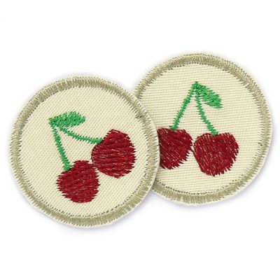 Mini Kirsche Patches, gestickte kleine Kirschen auf naturfarbenem Jeansstoff als Accessoire und Mini Flicken