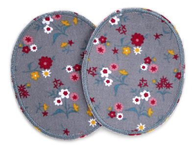 Blümchen-Knieflicken aus grauem Baumwollcord mit kleinen bunten Blüten, jeweils 8 x 10 cm, Cordflicken Bügelflicken für Cordhosen und Kinderhosen handmade Berlin