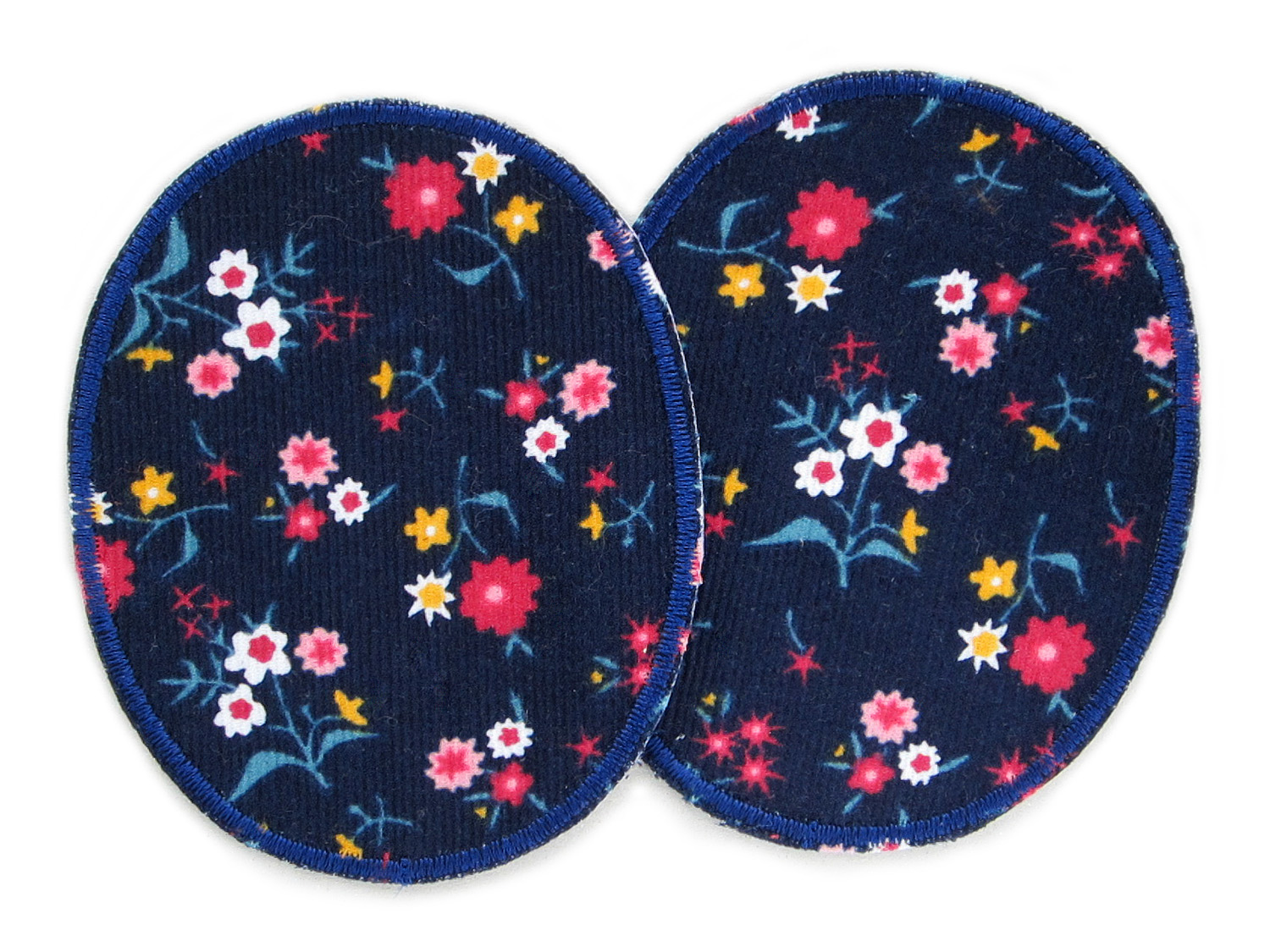 2 Knieflicken Blümchen Cord dunkelblau, 8 x 10 cm
