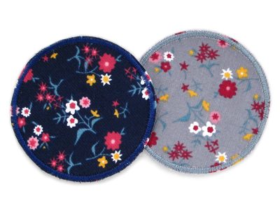 Runder Cordflicken aus Baumwollcord mit buntem Blümchen-Muster, ø 8 cm, in Grau und Dunkelblau erhältlich, Bügelflicken zum Aufbügeln auf Cordhosen und Kinderhosen, handmade Berlin