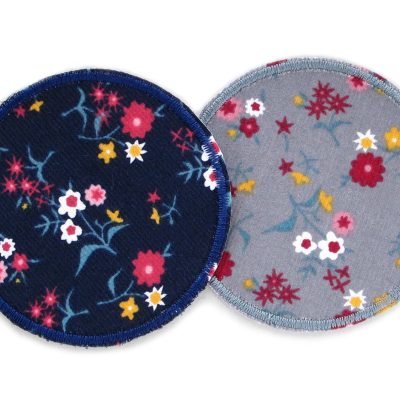 Runder Cordflicken aus Baumwollcord mit buntem Blümchen-Muster, ø 8 cm, in Grau und Dunkelblau erhältlich, Bügelflicken zum Aufbügeln auf Cordhosen und Kinderhosen, handmade Berlin