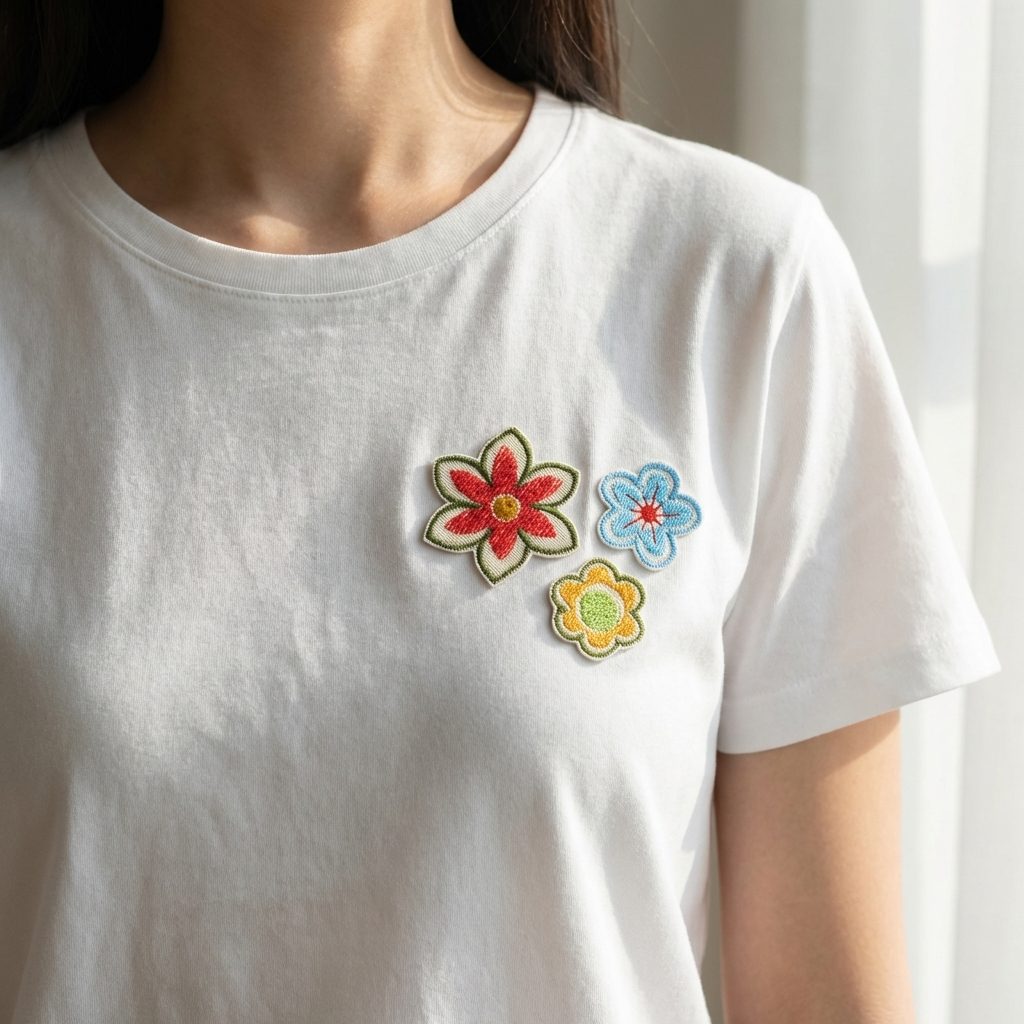 kleine gestickte Blumen Patches für ein Damen-Shirt, handmade in Berlin – 3er Set gestickte Blüten-Patches auf Jeansstoff auf Shirt aufgebügelt, Blüten-Applikationen handmade Berlin
