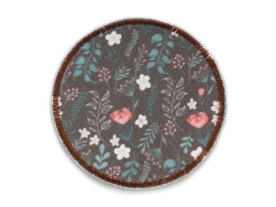 Hosenflicken zum aufbügeln mit vielen kleinen Blumen auf braunem Hintergrund – Blumenwiesen Hosenflicken Ø 8 cm aus Baumwollstoff mit bunten Blüten auf braunem Grund, Knieflicken Kinderhosen reparieren handmade Berlin