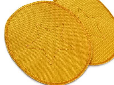 Gelbe Cordura-Aufnäher für Regenhosen, 10 x 12 cm, gestickter Stern auf gelbem wasserdichten Cordura, Matschhosen reparieren Piratenbande Berlin